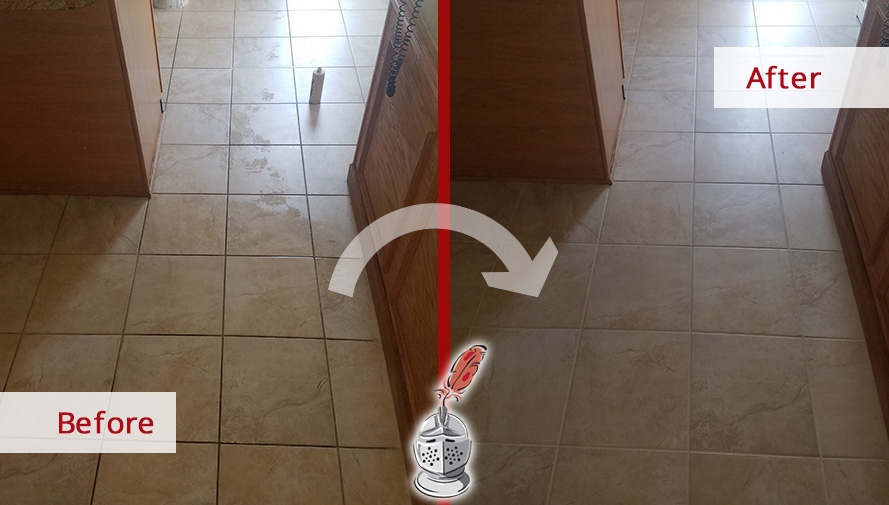 Before and After Picture of a Kitchen Floor Tile Cleaning Service in Wakefield, Massachusetts