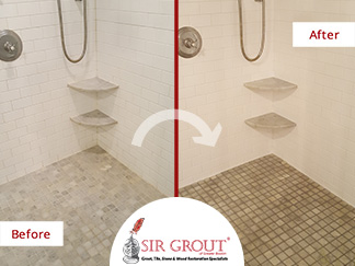 Before and After Picture of a Grout Cleaning and Recoloring Service for a Home Owner in Waban, MA