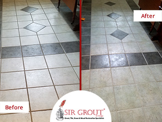 Before and After Picture of a Tile Floor Grout Cleaning Service in Burlington, MA