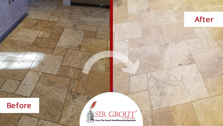 Before and After a Grout Cleaning Service on a Travertine Kitchen Floor in Newton, Massachusetts