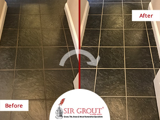 Before and After Picture of a Grout Recoloring Service in Bedford, MA