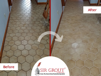 Before and After Picture of a Tile and Grout Cleaning in Boston, Massachusetts