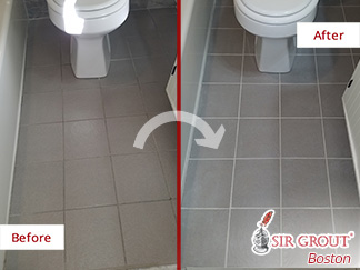 Look How This Bathroom Tile Floor Was Renewed after a Grout Cleaning Job in Boston Massachusetts 