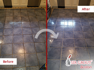 Before and After Picture of a Ceramic Tile Floor Grout Cleaning in Quincy, Massachusetts