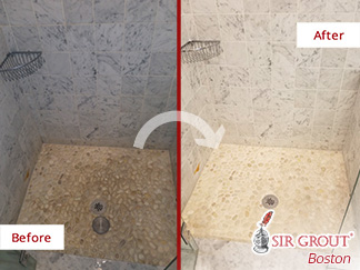 Before and after Picture of This Bathroom in Dedham, Massachusetts
