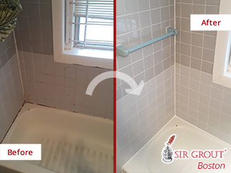 Before and after Picture of This Moldy Bathroom after Our Caulking Services in Brookline Village, Massachusetts