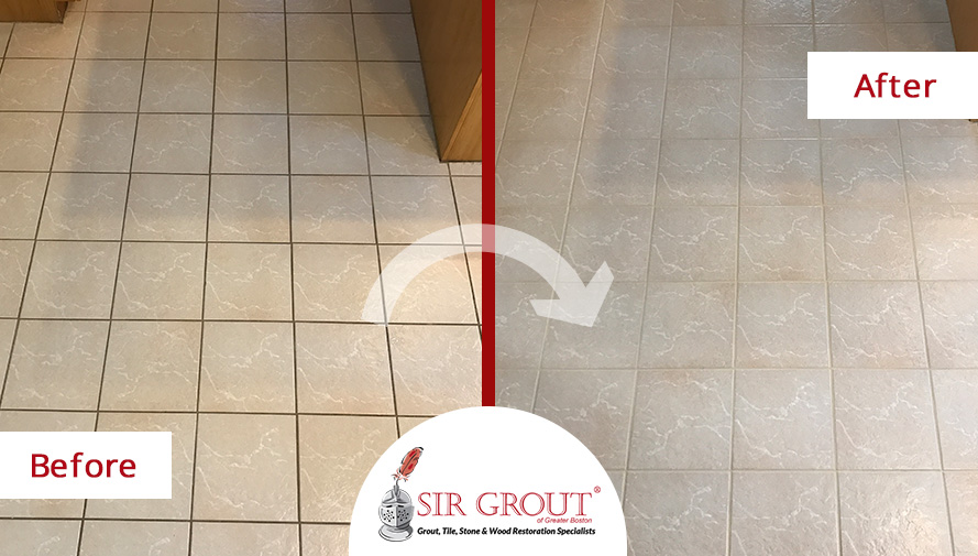 Before and After Picture of a Floor Grout Cleaning Service in Newton Center, Massachusetts
