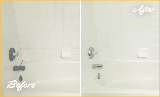 Before and After Picture of Tub Caulking on Moldy Bathtub Joints