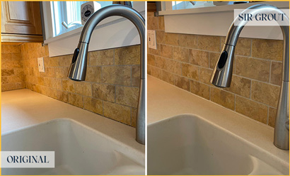 Before and After Picture of a Professional Caulking Service on a Kitchen Backsplash