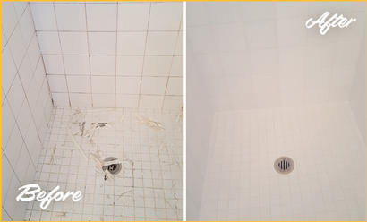 Picture of a Mosaic Tile Shower Before and After Grout and Caulking Holes Repair
