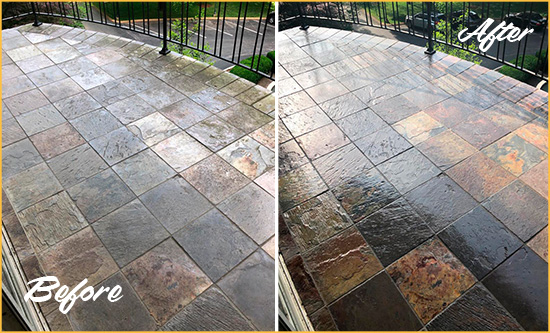 Before and After Picture of a Slate Floor Cleaned and Sealed to Remove Stains