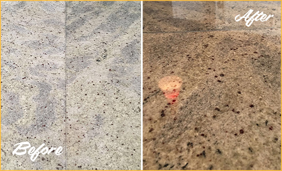 Before and After Picture of a Granite Kitchen Countertop Cleaned and Sealed to Remove Scratches