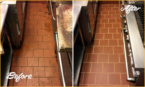 Before and After Picture of a North Andover Restaurant Kitchen Tile and Grout Cleaned to Eliminate Dirt and Grease Build-Up