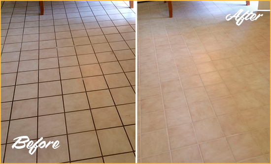 Before and After Picture of a Bolton Kitchen Tile and Grout Cleaned to Remove Embedded Dirt