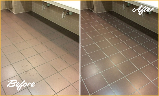 Before and After Picture of a Bolton Restrooms Tile and Grout Cleaned to Remove Embedded Dirt