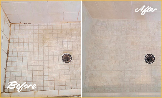 Before and After Picture of a Shrewsbury Shower Caulked to Fix Cracks