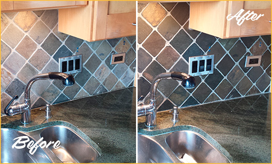 Before and After Picture of a Revere Backsplash Caulked to Fix and Prevent Water Leaks