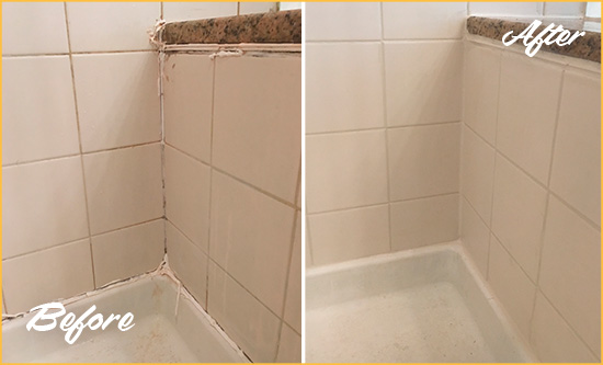 Before and After Picture of a Revere Shower Caulked to Repair Damaged Caulking