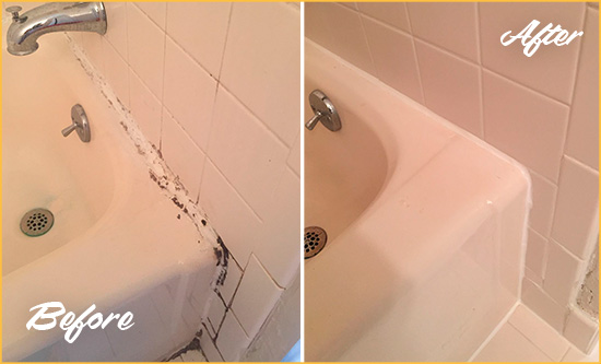 Before and After Picture of a Revere Bathroom Sink Caulked to Fix a DIY Proyect Gone Wrong