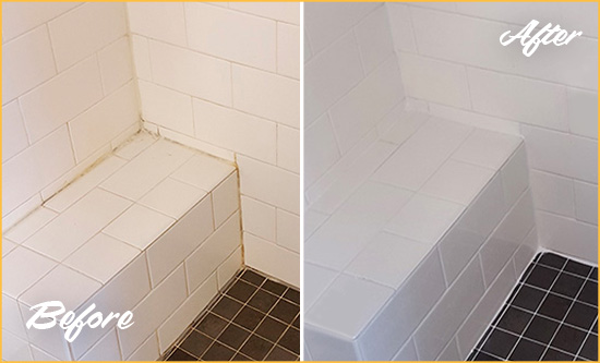 Before and After Picture of a Littleton Shower Seat Caulked to Protect Against Mold and Mildew Growth