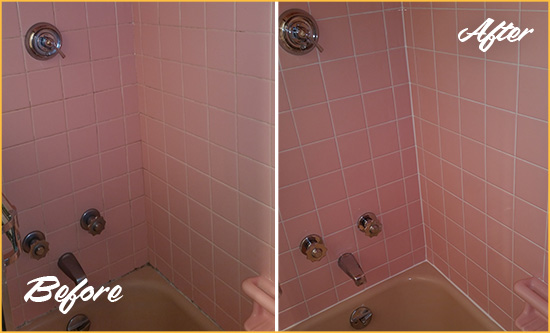 Before and After Picture of a Revere Bathtub Caulked to Eliminate Mold