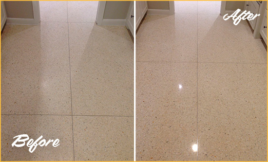 Before and After Picture of a Boston Granite Stone Floor Polished to Repair Dullness