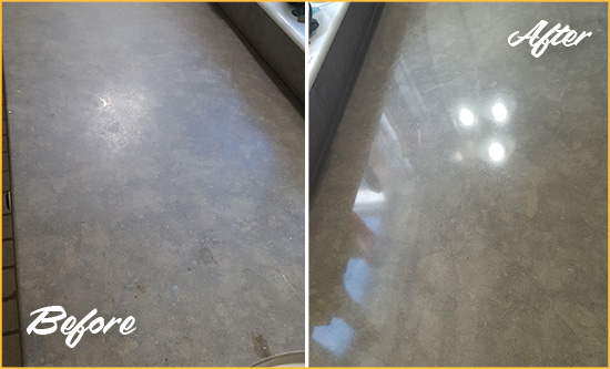 Before and After Picture of a Dull Boston Limestone Countertop Polished to Recover Its Color