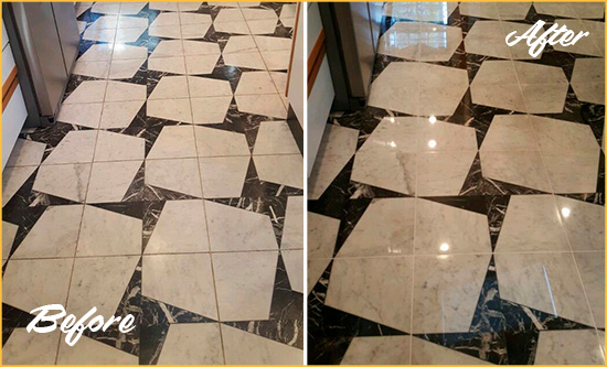 Before and After Picture of a Dull Medfield Marble Stone Floor Polished To Recover Its Luster