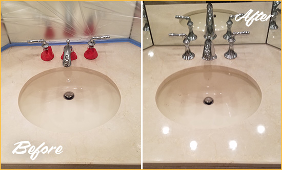 Before and After Picture of a Dull Wayland Marble Stone Vanity Top Polished to Bring-Back Its Sheen