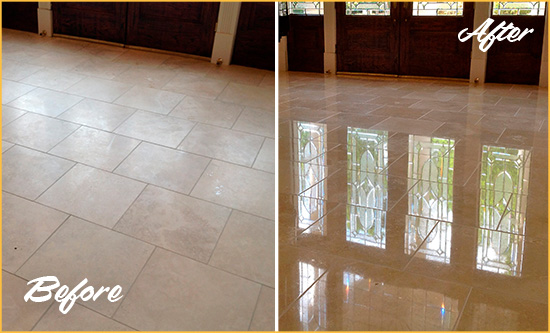 Before and After Picture of a Dull Stow Travertine Stone Floor Polished to Recover Its Gloss