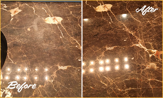 Before and After Picture of a Watertown Marble Stone Countertop Polished to Eliminate Stains