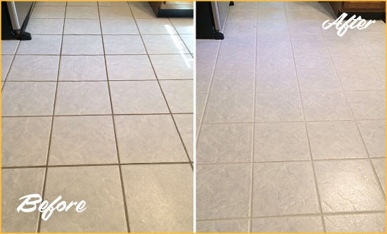 Before and After Picture of a Hudson Kitchen Ceramic Floor Sealed to Protect From Dirt and Spills