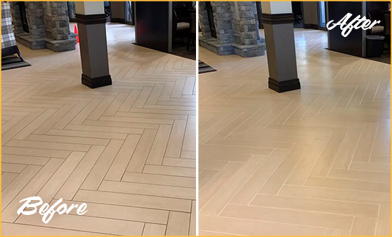 Before and After Picture of a Dirty Stow Ceramic Office Lobby Sealed For Extra Protection Against Heavy Foot Traffic