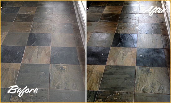 Before and After Picture of a Dull Boxford Slate Floor Sealed to Bring Back Its Colors