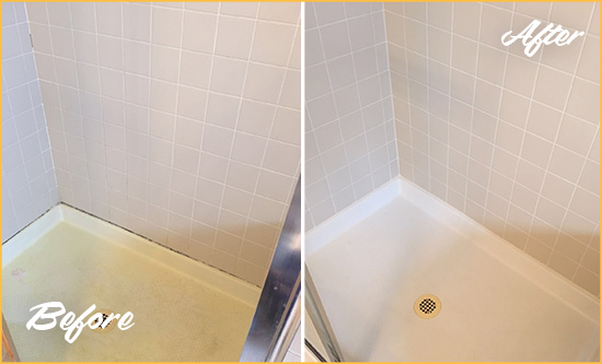 Before and After Picture of a Boxford Shower Sealed to Remove and Protect Against Mold