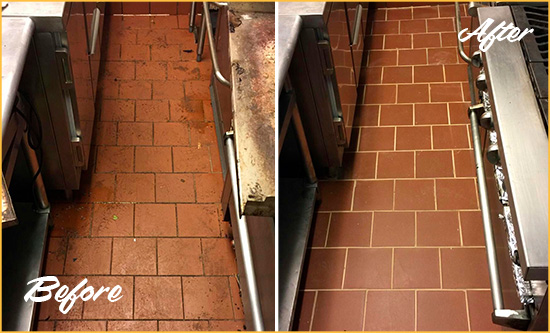 Before and After Picture of a Quincy Restaurant Kitchen Floor Sealed to Remove Soil