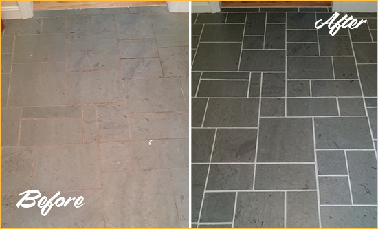 Before and After Picture of a Bolton Slate Floor Cleaned to Remove Deep-Seated Dirt