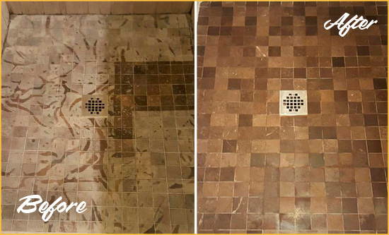 Before and After Picture of a Stained Braintree Marble Shower Floor Cleaned to Remove Etching