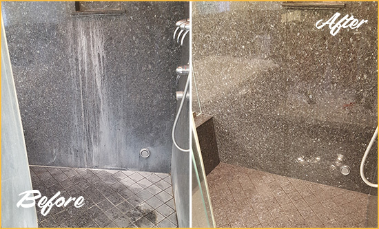 Before and After Picture of a Braintree Granite Shower Cleaned to Remove Mineral Deposits