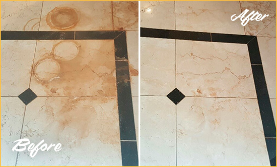 Before and After Picture of a Waban Marble Floor Cleaned to Eliminate Rust Stains