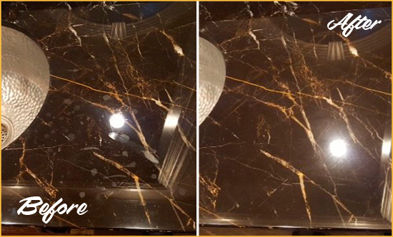 Before and After Picture of a Scituate Marble Countertop Cleaned to Remove Water Spots