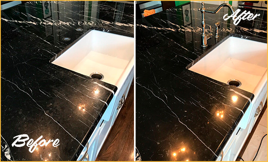 Before and After Picture of a Reading Marble Kitchen Countertop Stone Sealed to Avoid Water Damage