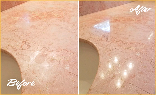 Before and After Picture of a Boxford Marble Stone Vanity Top Sealed to Avoid Water Marks