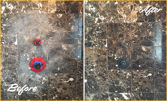 Before and After Picture of a Maynard Marble Shower Honed to Remove Scratches