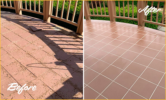 Before and After Picture of a Chelmsford Hard Surface Restoration Service on a Tiled Deck