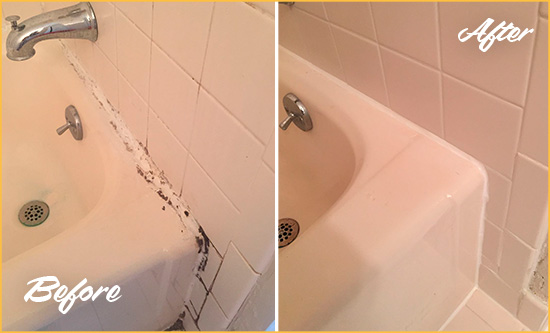 Before and After Picture of a Chelmsford Hard Surface Restoration Service on a Tile Shower to Repair Damaged Caulking