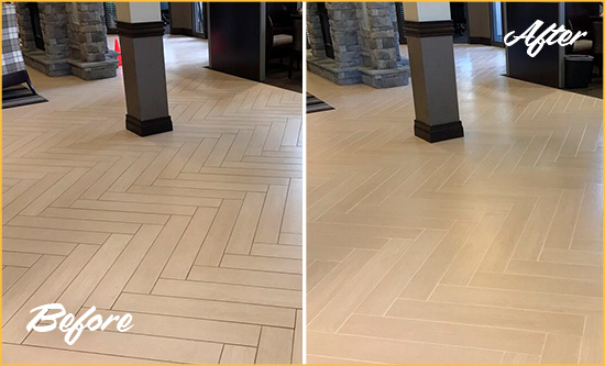 Before and After Picture of a Chelmsford Hard Surface Restoration Service on an Office Lobby Tile Floor to Remove Embedded Dirt