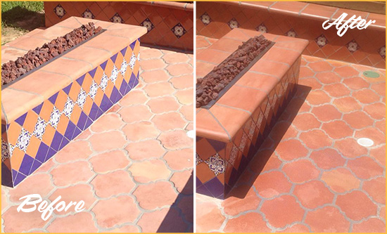 Before and After Picture of a Revere Hard Surface Restoration Service on a Dull Terracotta Patio Floor to Recover Its Color