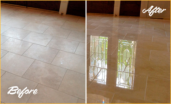 Before and After Picture of a Stow Hard Surface Restoration Service on a Dull Travertine Floor Polished to Recover Its Splendor