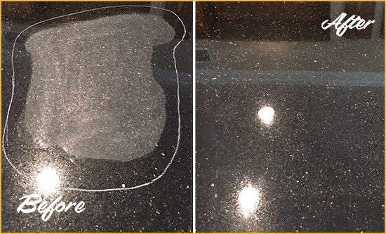 Before and After Picture of a Chelmsford Hard Surface Restoration Service on a Granite Countertop to Remove Scratches